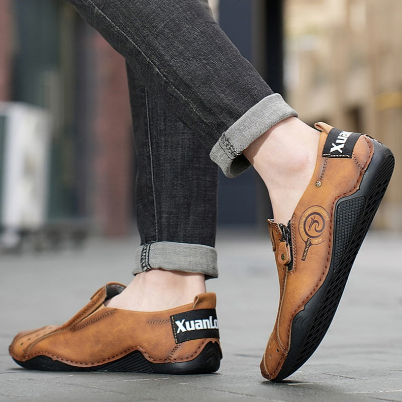 ⏰Last Day Deals 60% OFF🛒Men's Premium Leather Loafers – Arch Support Breathable Slip-On Shoes, Foot Pain Relief, Soft Anti-Puncture Sole, Durable Perforated Walking Dress Shoes