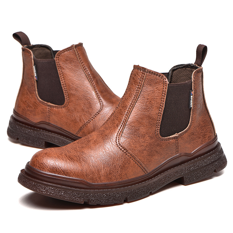 Men's Genuine Leather Steel Toe Chelsea Work Boots – Anti-Puncture, Waterproof, Slip-On Safety Shoes, Durable & Non-Slip